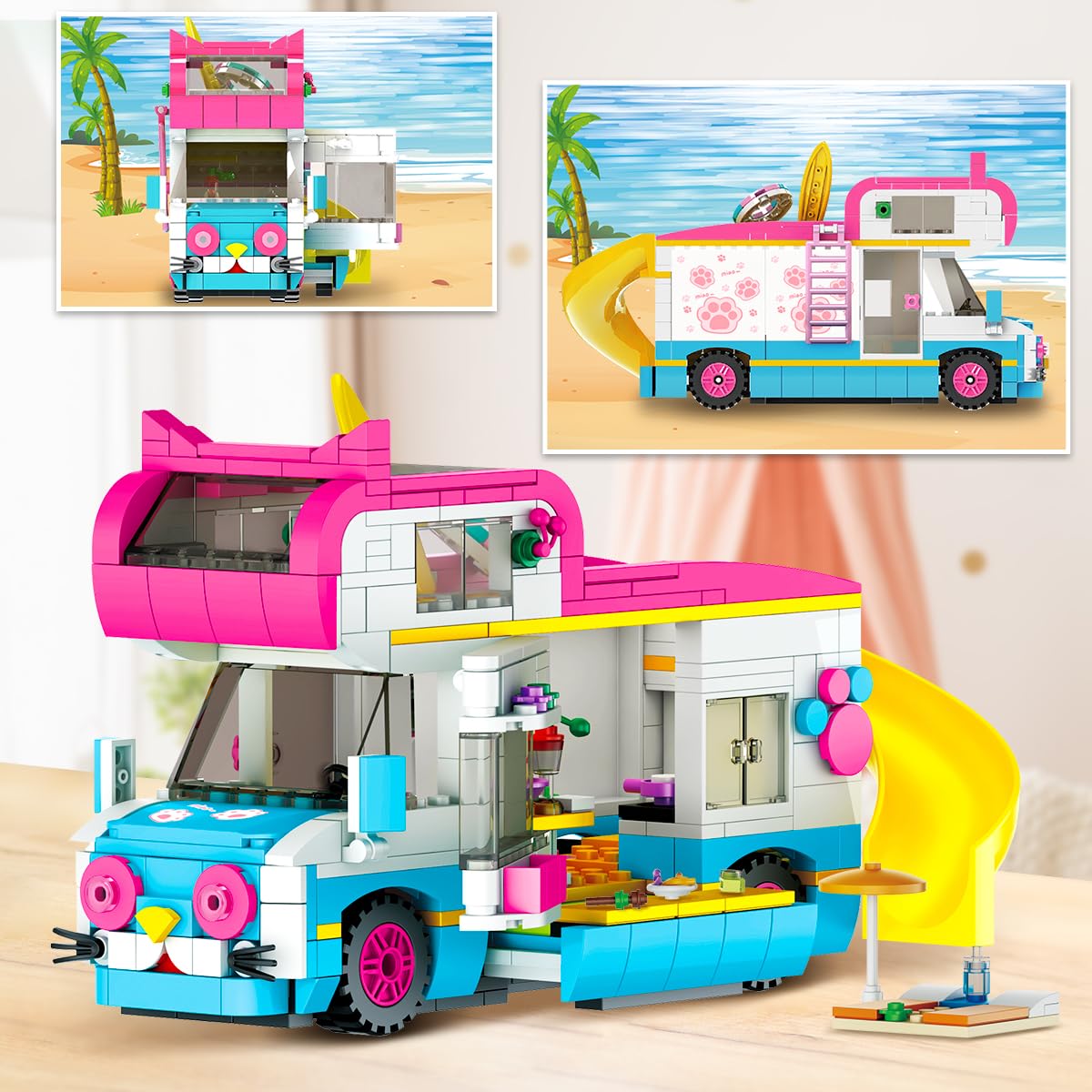 Cubimana 3-In-1 Cat Car Building Set, Girls Camper Van Building Block Sets, Ice Cream Truck City Bus Building Toys With Slide An