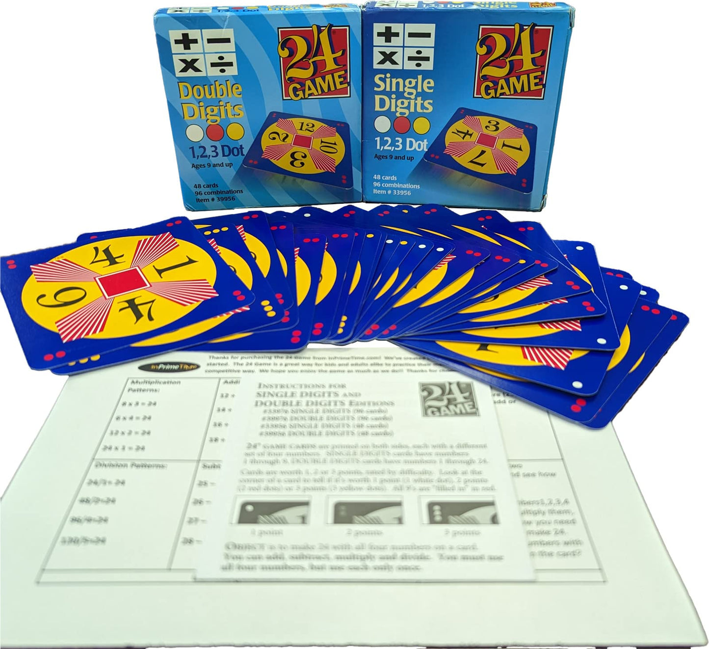 InPrimeTime 24 Game Two Pack - 48 Single & Double Digit Cards, Cardstock, Assorted Colors, Model 33956 and 39956, Includes Tips Sheet
