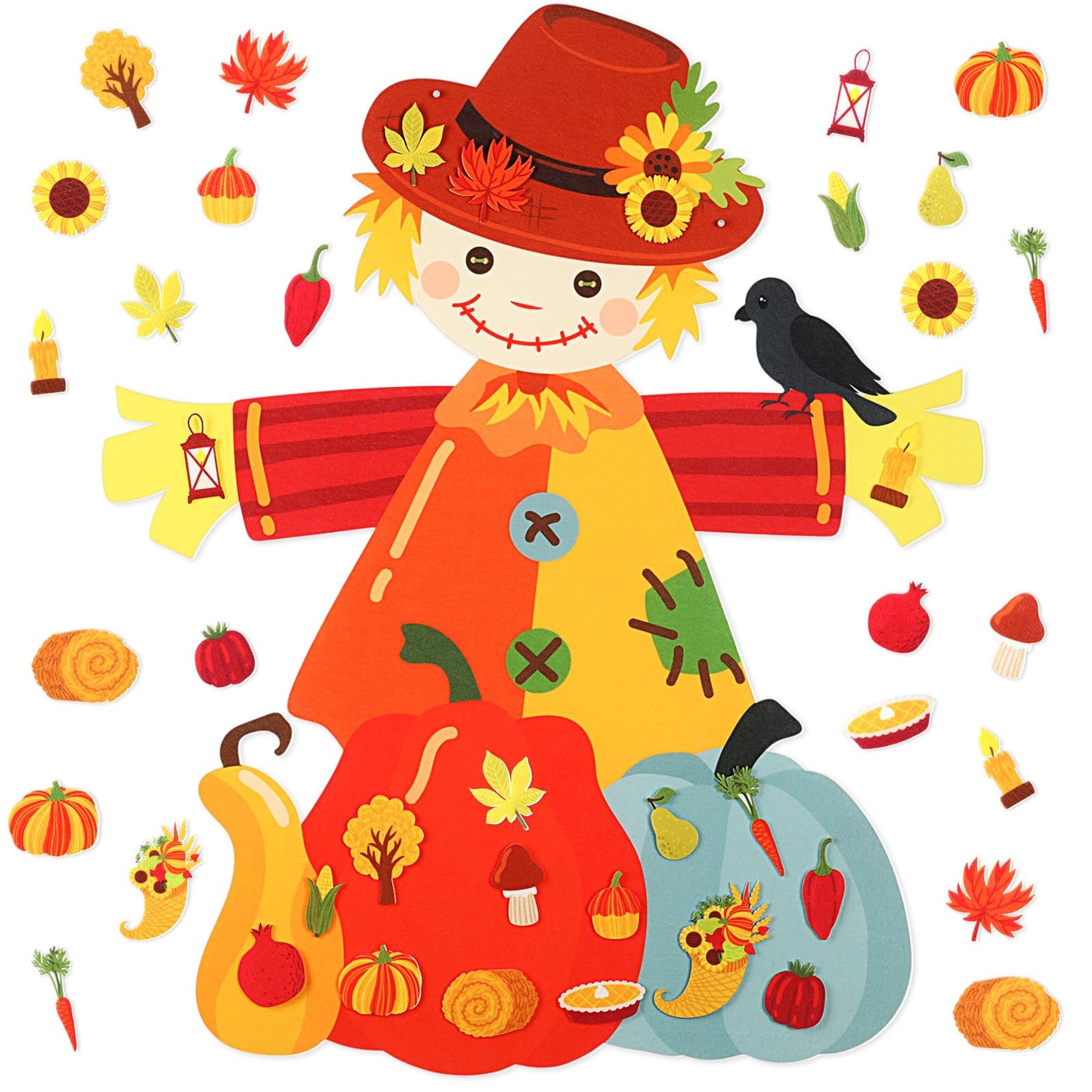 Thinkday 37 Pieces Thanksgiving Craft Kit Felt Scarecrow Craft, Fall DIY Scarecrow Pumpkin Felt Set, 36 Detachable Fall Maple Le