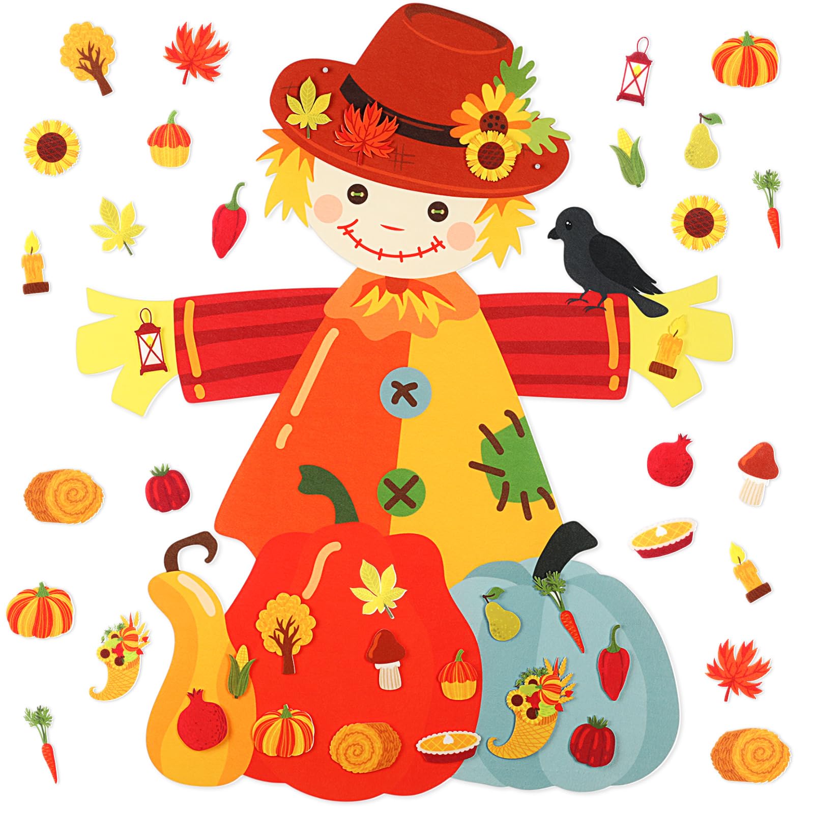 Thinkday 37 Pieces Thanksgiving Craft Kit Felt Scarecrow Craft, Fall DIY Scarecrow Pumpkin Felt Set, 36 Detachable Fall Maple Le
