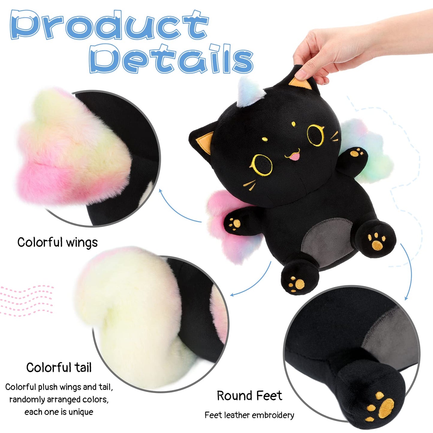 Aixini Cute Caticorn Plush Stuffed Unicorn Black Cat Animal Plushie 10'' Soft Toy With Rainbow Wings For Girls
