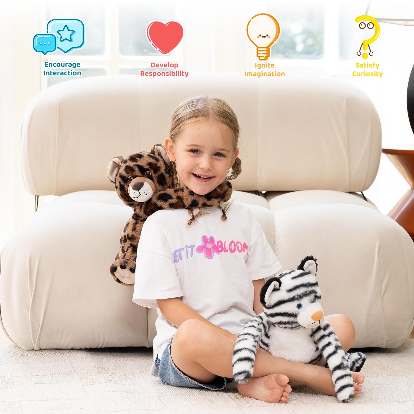 MorisMos White Tiger & Cheetah Plush Duo - Freezable, Microwavable, 12" - Multicolored Stuffed Animal Gift for Kids