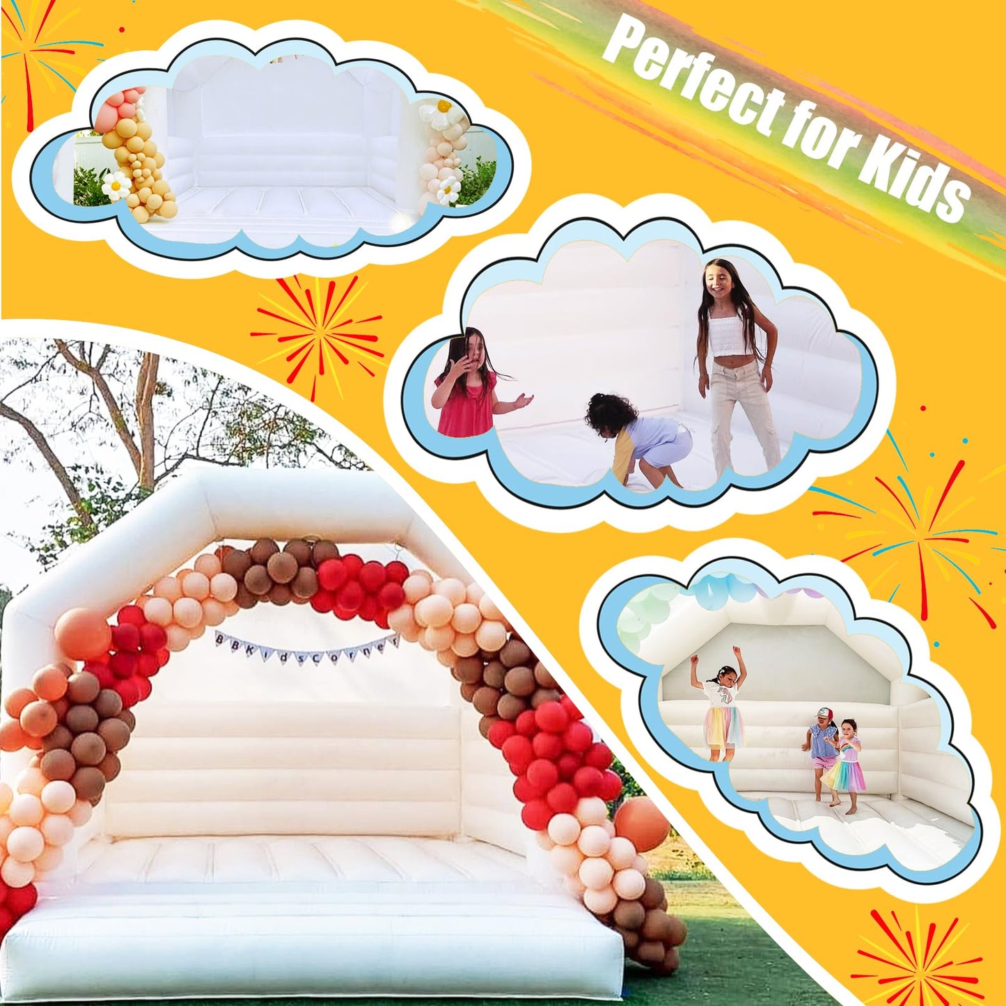 Inflatable White Bounce House Castle, 13X13X10Ft Large Jumper Pvc Bouncy House With Dome And Blower For Toddler Kids And Adults