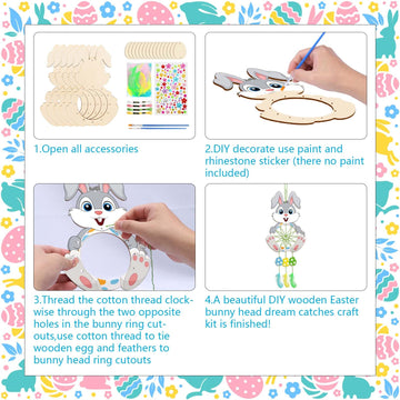Fennoral 5 Pack Bunny Dream Catcher Craft Kit For Kids Paint You Own Easter Rabbit Dream Catcher Ornament Diy Coloring Wooden Ea