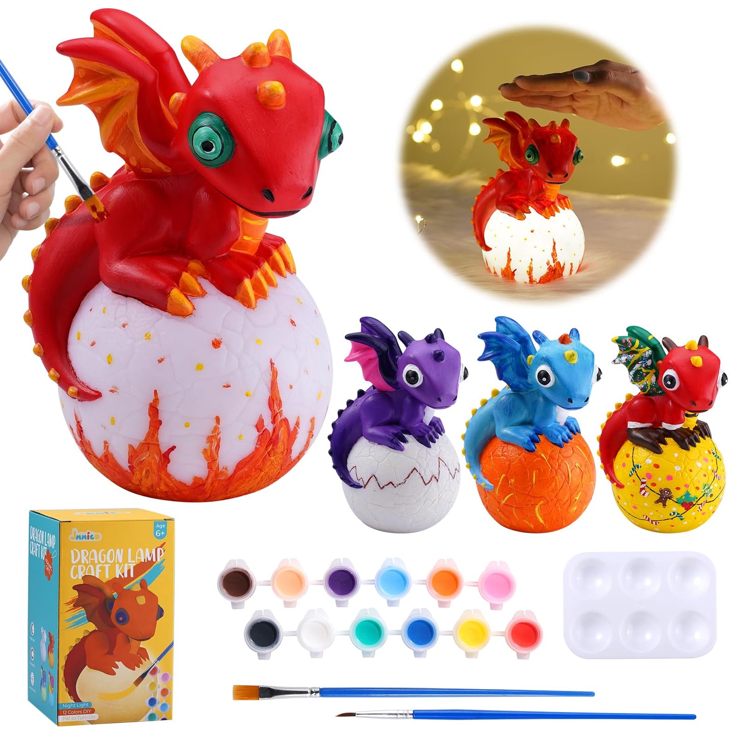 JMMICO Paint Your Own Dragon Lamp Craft Kit, DIY 3D Craft Dragon Night Light with 12 Colors Paint, Arts and Crafts for Kids Ages