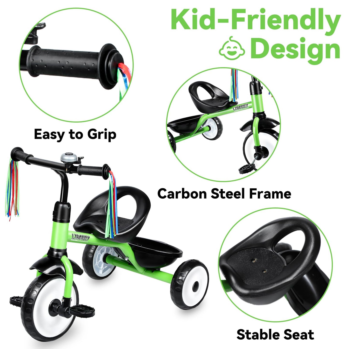 Liberry Toddler Tricycle Age 2 3 4 Years Old, Kids Trike with Bell, Back Basket and Removable Pedal, 3 Wheel Bike Birthday Toys