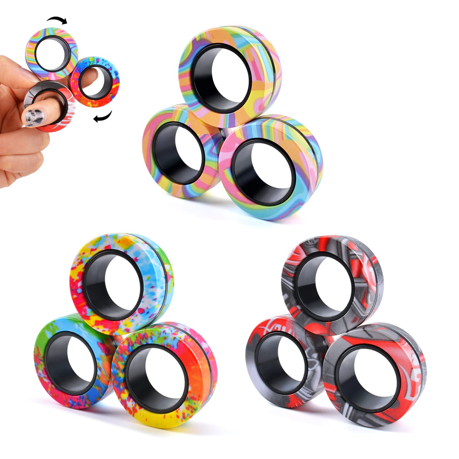 9Pcs Magnetic Rings Fidget Toy Set, Adhd Anxiety Magnetic Fidget Toys Adults Fidget Spinner Rings For Relief, Easter Basket Stuffers Valentines Gifts For 8+ Year Old Teen Boy Girl