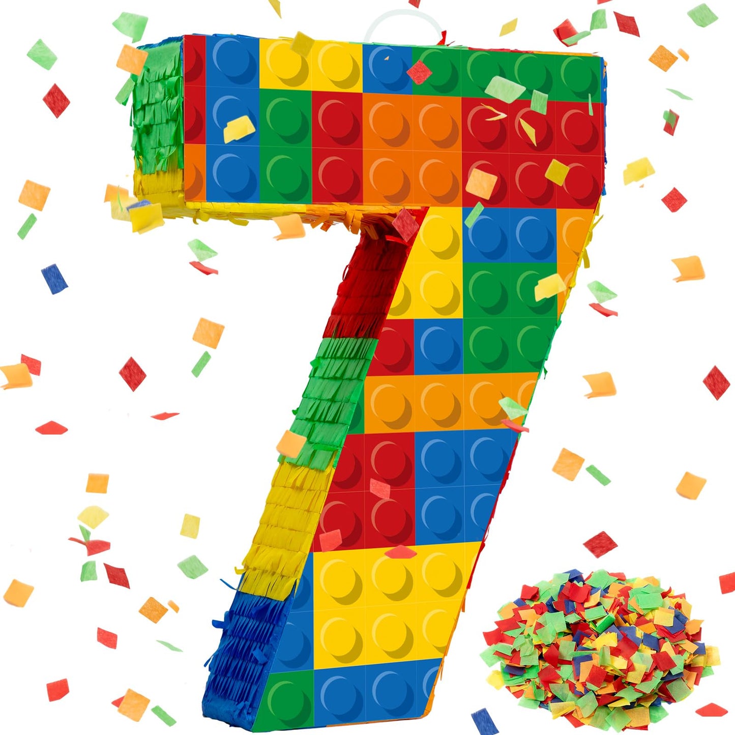 RoundFunny Number 7 Building Blocks Piata 16.5 Inch Piata Party Supplies 7th Birthday Party Decorations Piata with Confetti Bloc