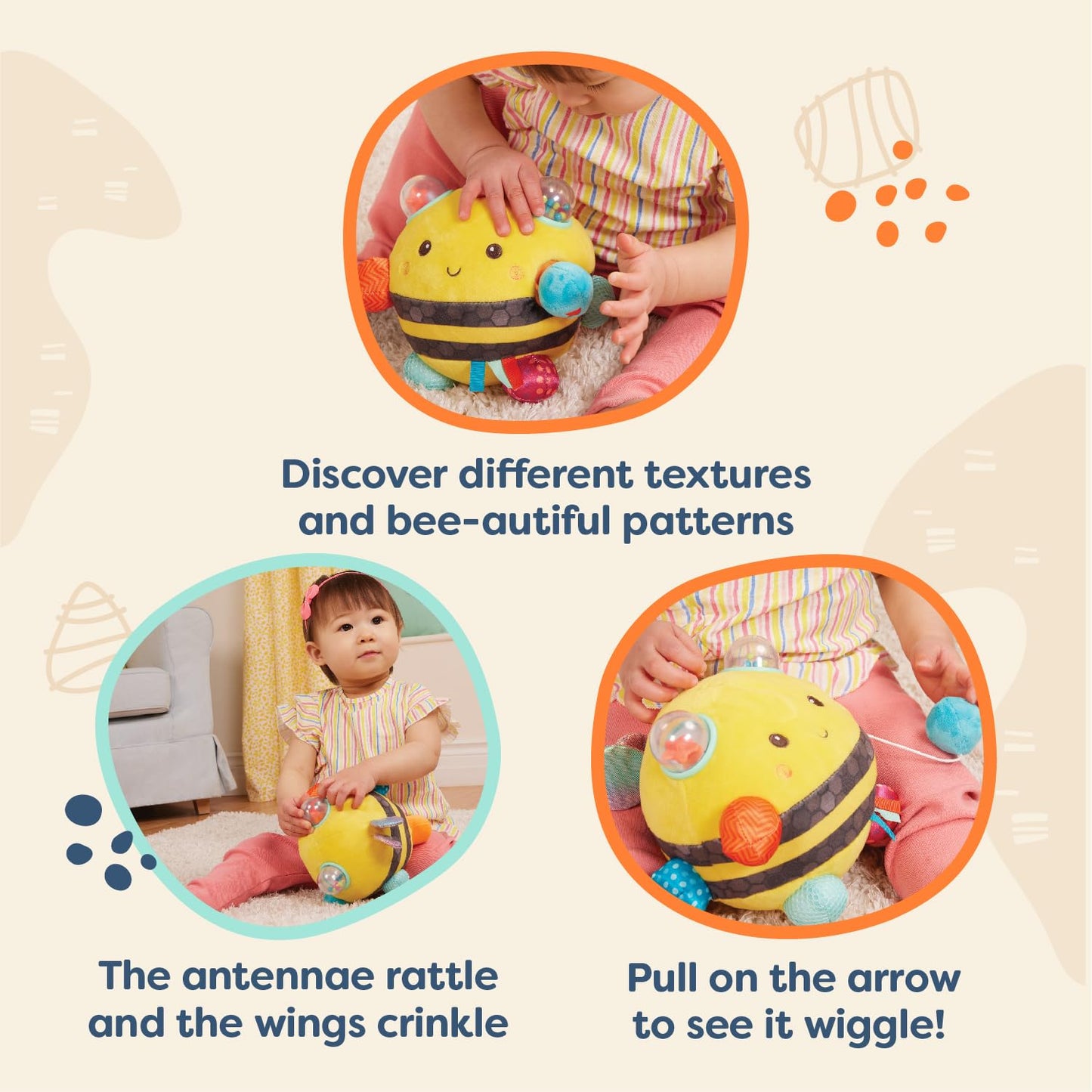 B. Sensory Plush Bumble Bee Baby ,Sensory Baby Toy – Bumpy Plush Bee With Fun Features, Interactive Play, Bumps, Colors, Textures & Sounds, Toys For Infants, Babies,Fuzzy Buzzy Bee – 0 Months +