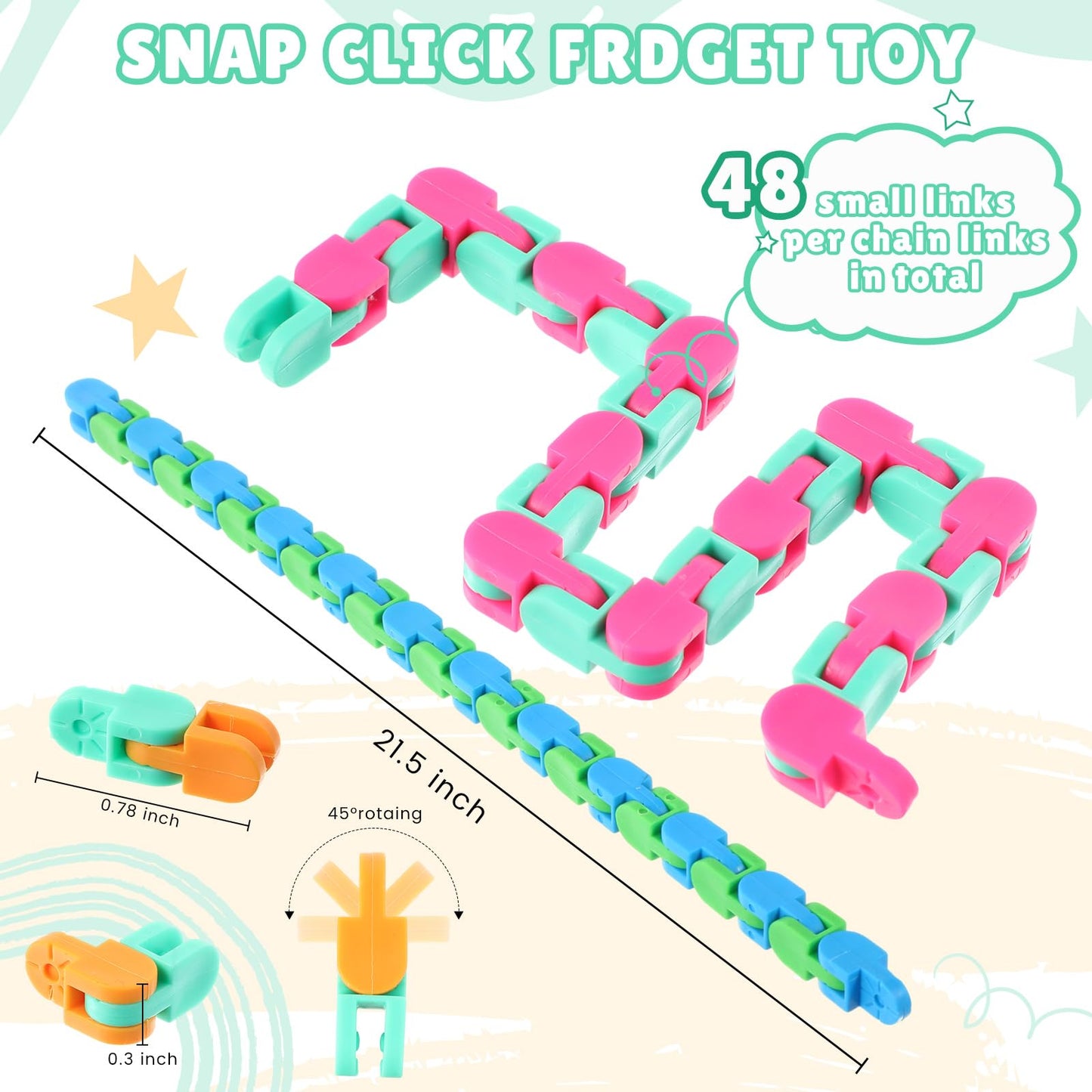 Sotiff 60 Pieces Wacky Track Fidget Toy Fidget Wacky Tracks Snap Colorful Snake Toys Gifts for Kids mature-themed Autism Stress Relief Therapy Toys Keeps Mind Focused(Classic Color 48 Links)