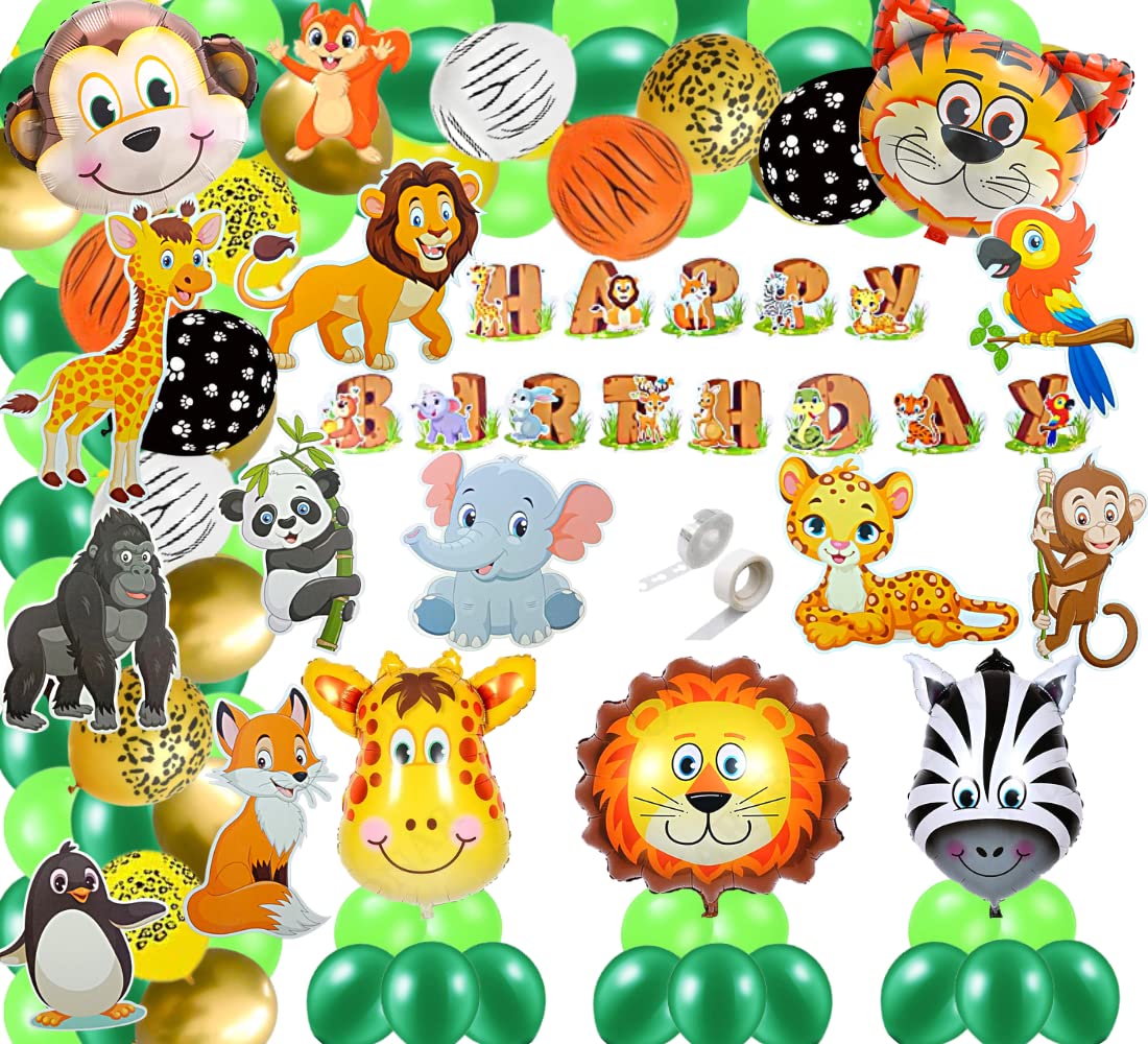 Fi  Flick In 81 Pcs Jungle Theme Party Decoration Foil Balloons Cutouts Cake Topper Props Set Jungle Theme Birthday Decoration 