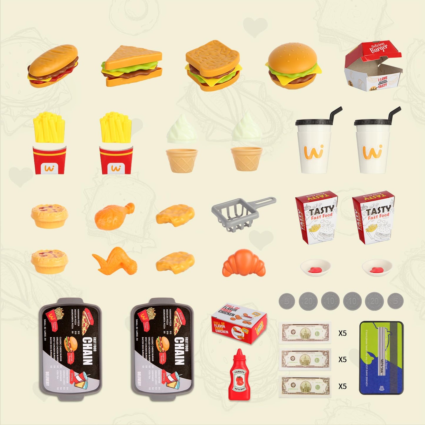 71pcs Pretend Play Fast Food Toys - Cash Registerfor Kids,Perfect Mini Toy Food Set for Kids Kitchen,Play Food for Kids Ages 3 4