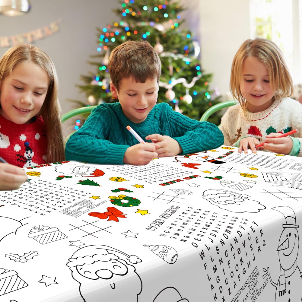 Labeol 1 Pack Christmas Tablecloth,Christmas Coloring Tablecloth for Kids,54x108 Giant Christmas Santa Claus Snowman Maze Color-