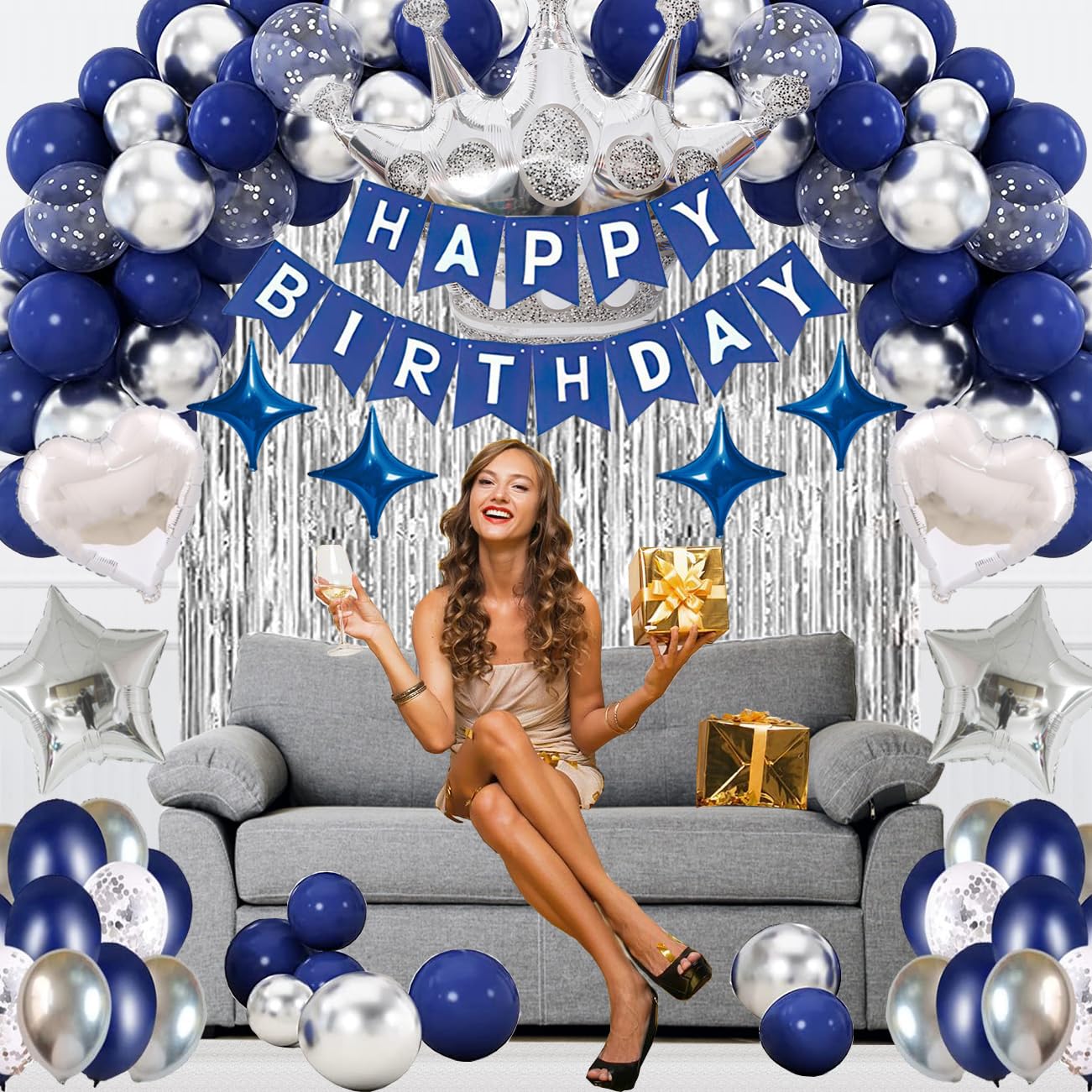 Navy Blue Happy Birthday Party Decorations Set for Men Boys Women Girls, Banner, Crown Balloon, Fringe Curtains, Cake Topper,tab