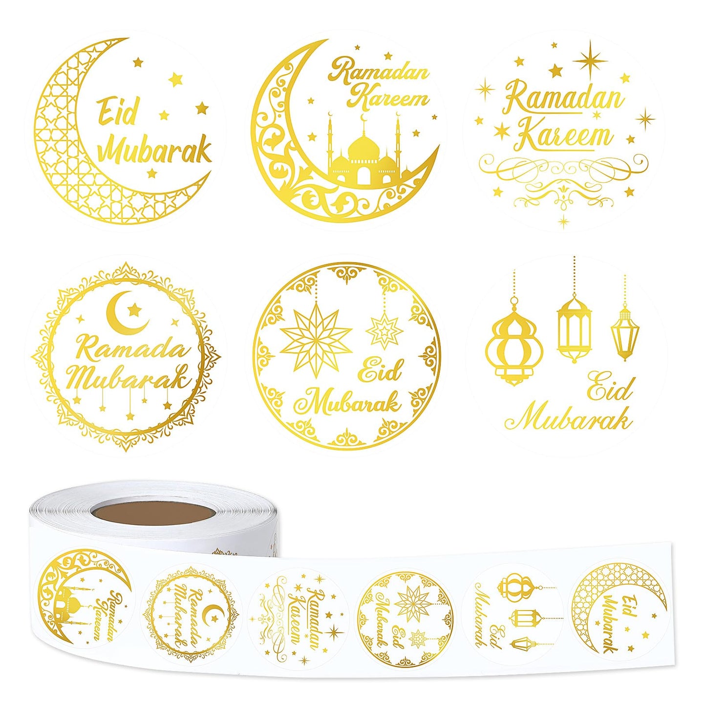 FEBSNOW 600 Pcs Gold Foil Ramadan Eid Mubarak Stickers, Modern Style, Multi-Surface, Paper with Gold Foil, Round, Ramadan Theme,