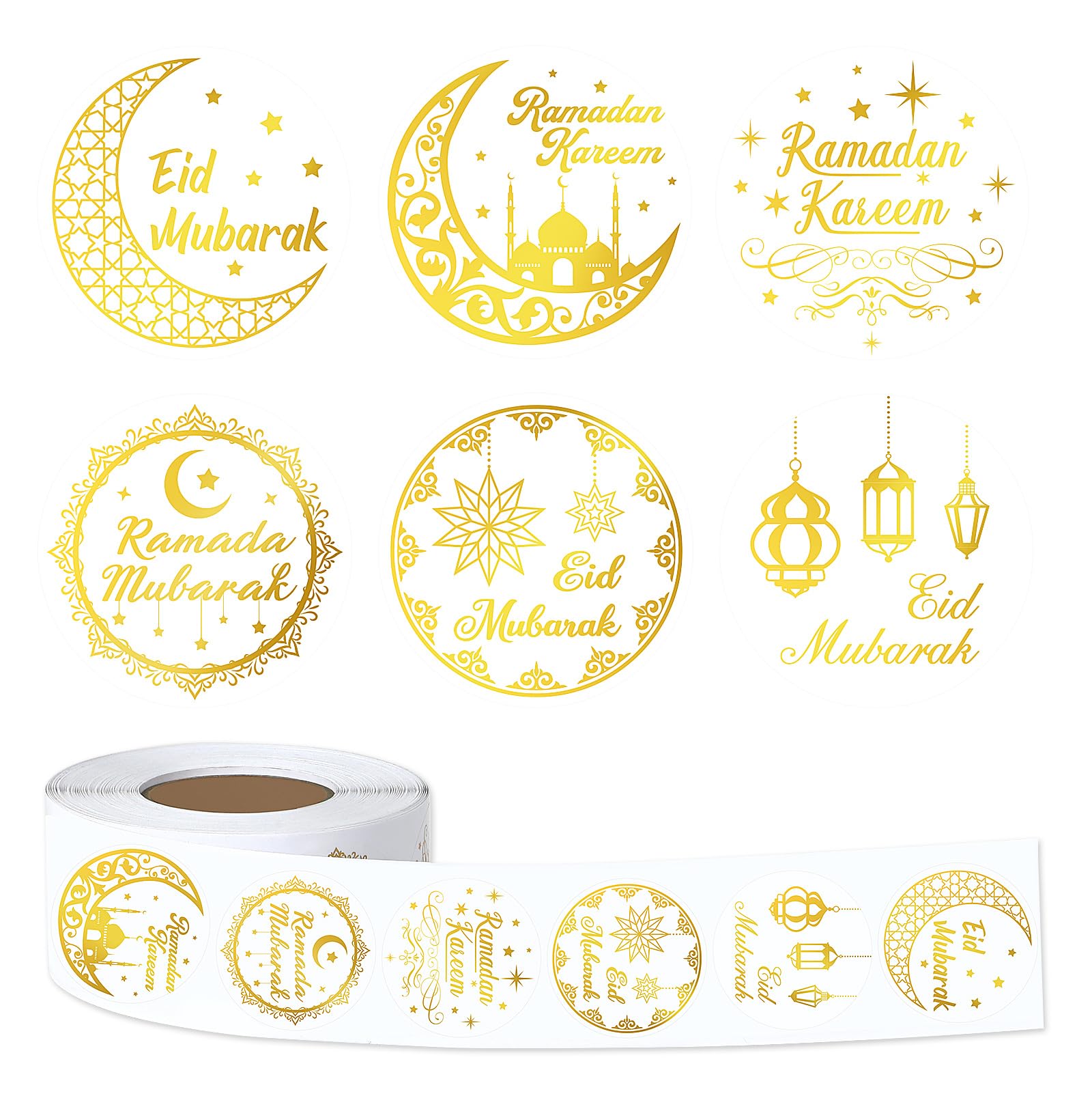 FEBSNOW 600 Pcs Gold Foil Ramadan Eid Mubarak Stickers, Modern Style, Multi-Surface, Paper with Gold Foil, Round, Ramadan Theme,