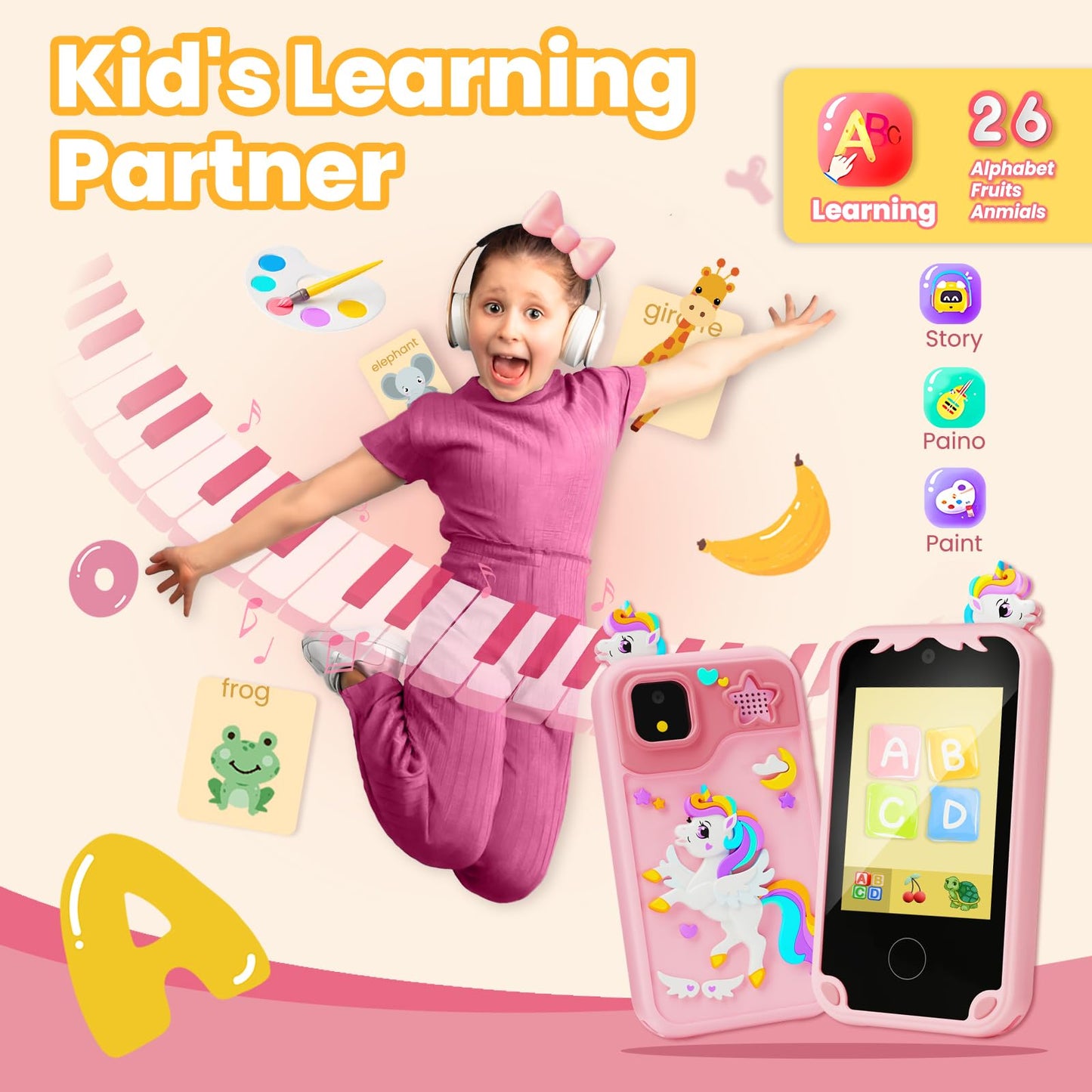 windpaint Kids Phone - Educational Smart Device, 2.8" Touchscreen, Music & Games, Small Size, Pink