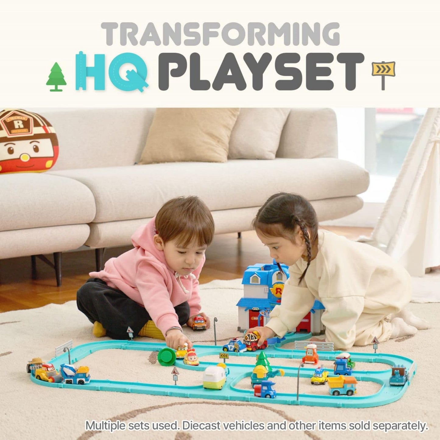 Robocar Poli Transforming Headquarters Playset - Rescue Center Race Track for Diecast Cars, Firetruck Station, Ages 1-5, Plastic