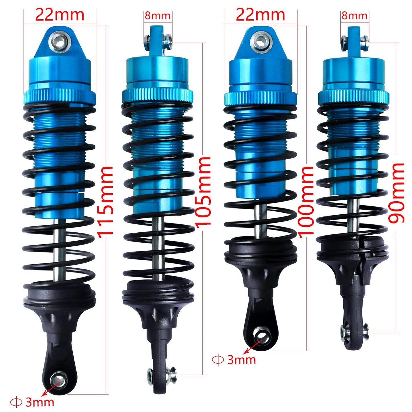 AllinRC 4PCS Aluminum Front & Rear RC Shocks for 1/10 Traxxas Slash 4x4 Shocks Rustler 4X4 Shocks Stampede 4X4 Shocks Hoss 4X4 S