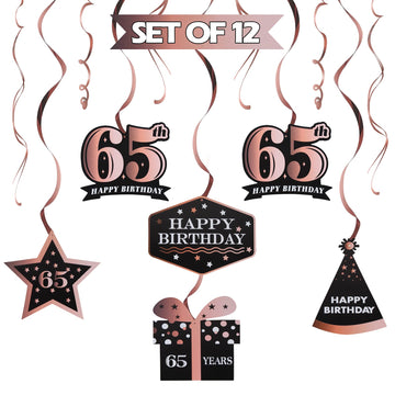 LINGTEER Happy 65th Birthday Rose Gold Swirls Streamers - Cheers to 65th Birthday 65 Years Old Bday Party Hanging Decorations.