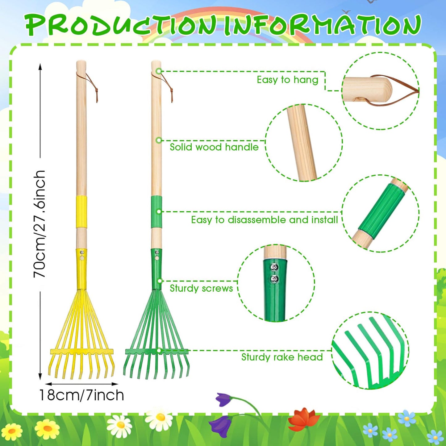 2Pcs Kids Rake Garden Tool Set Toy,Child Size Lawn Small Rakes and Garden for Leaves,Wooden Gardening Toy Rakes with Detachable