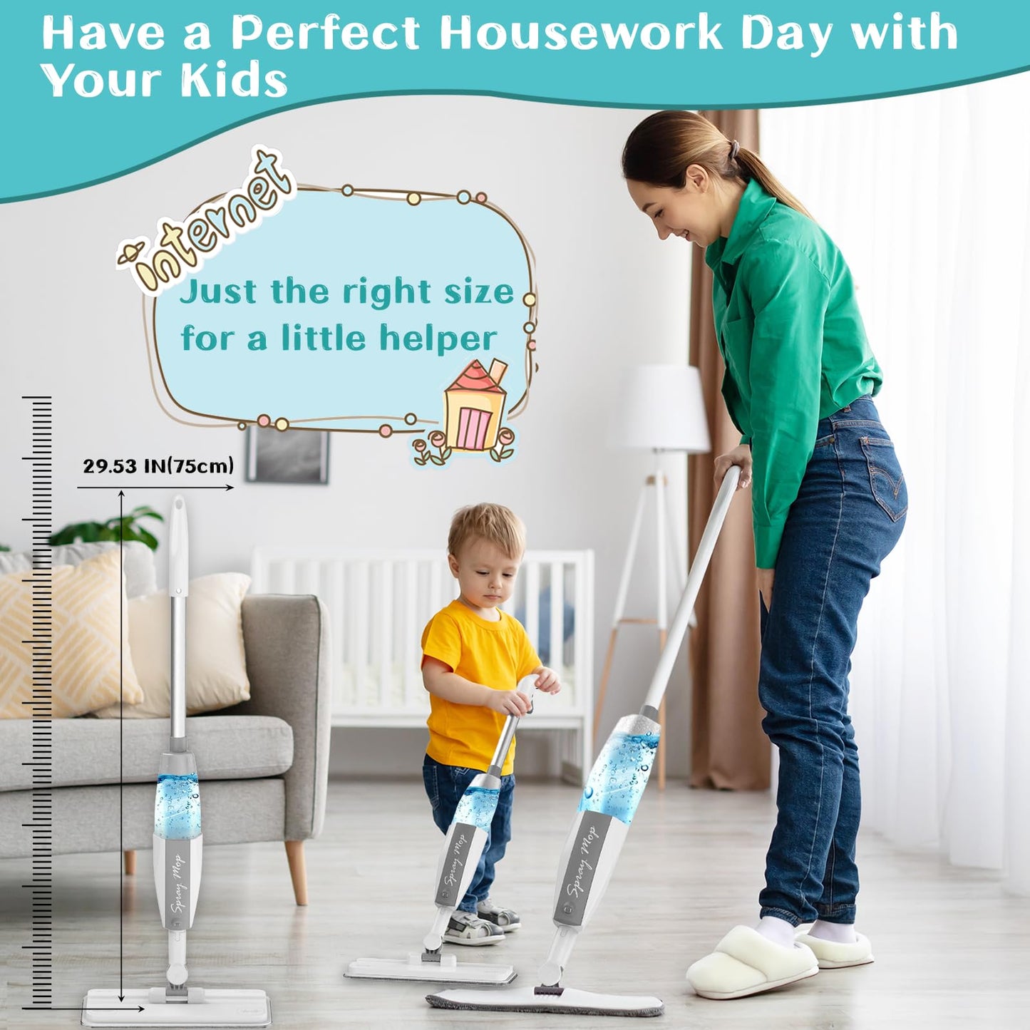 EP EXERCISE N PLAY Toddler Mop - Mini Size Cleaning Toy Set, White and Gray, Interactive Montessori Gift for Boys and Girls