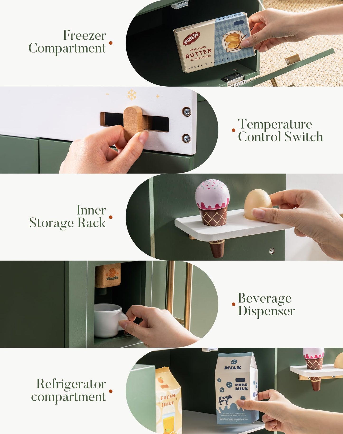Robotime Wooden Toy Fridge - Play Kitchen Set With Accessories, Kitchen Playset Interactive Refrigerator For Pretend Play Fridge