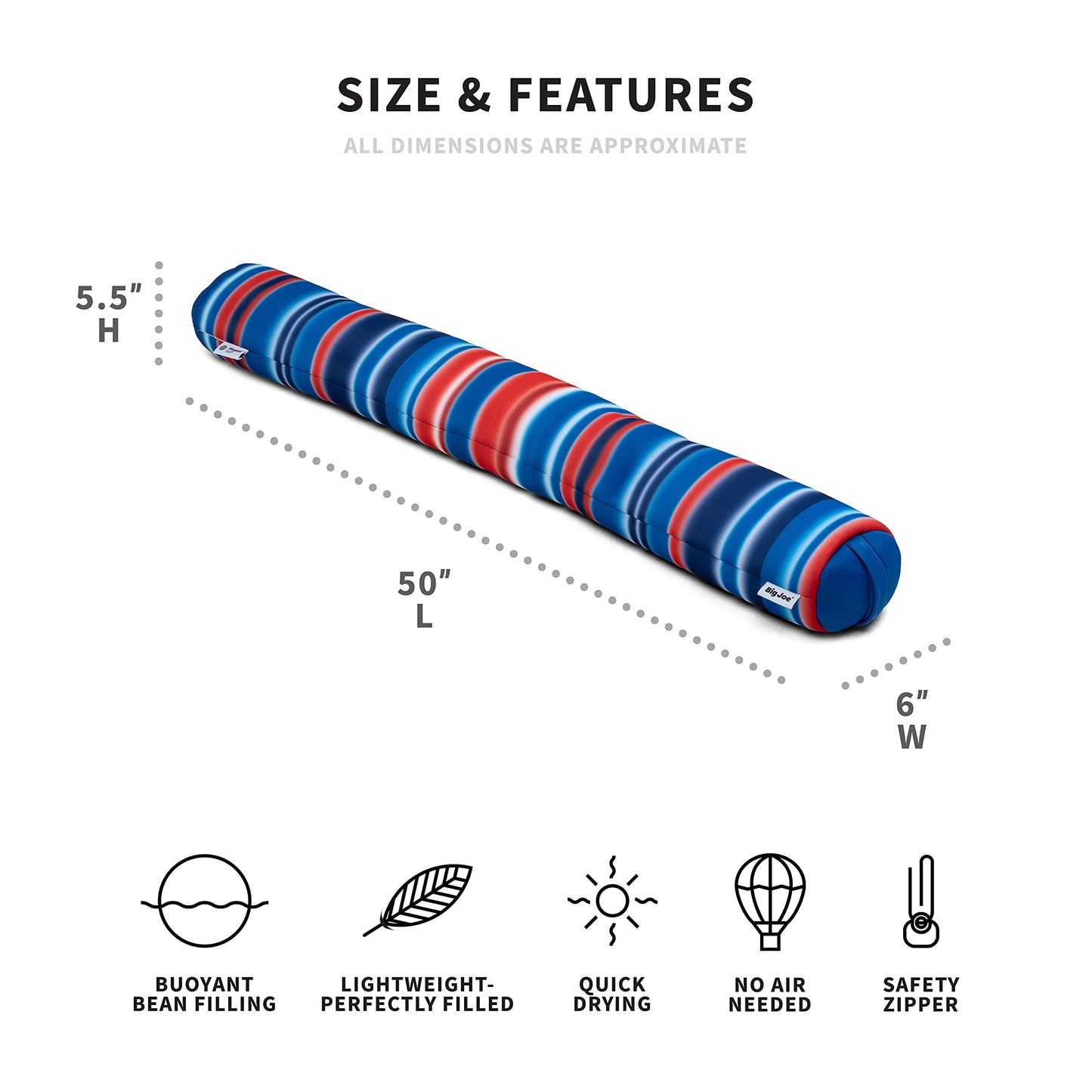 Big Joe Noodle No Inflation Needed Pool Float, Blurred Americana Double Sided Mesh, Jumbo 4Ft