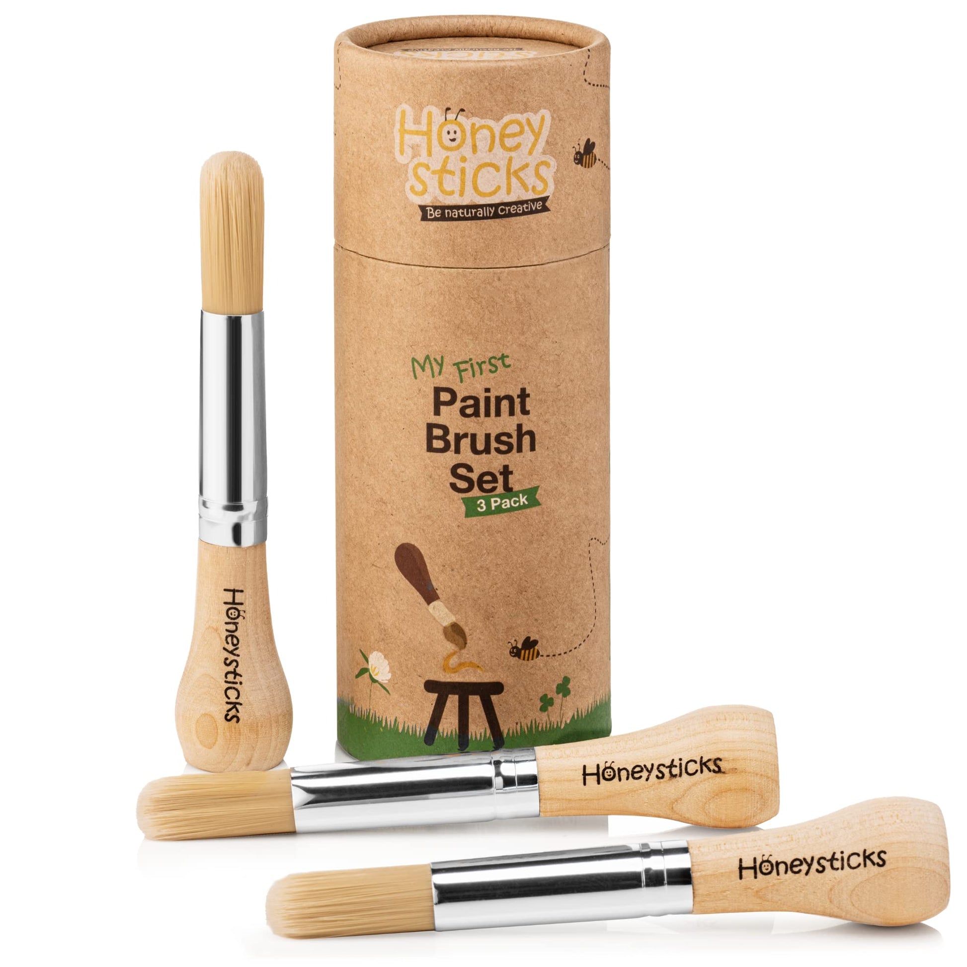 Honeysticks My First Paint Brush Set - 3 Pack: Ideal For Babies And Toddlers. Jumbo Brushes With Chubby Wood Handles For Easy Grip, Vegan. Includes Handy Storage Container