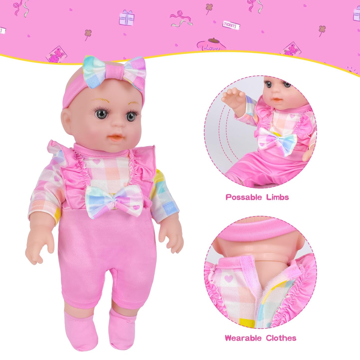 12 Girls Baby Doll With Carrier Bassinet Bed,Pink Plaid Pattern Newborn Baby Dolls Playset With Clothes And Accessories Include