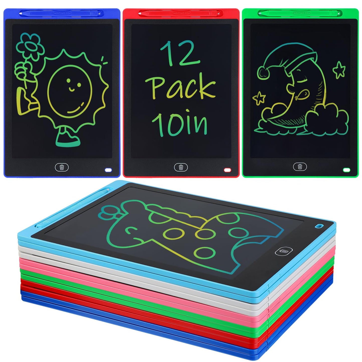 LCD Writing Tablet for Kids Party Favors Bulk - 12 Pack 10in Colorful Doodle Board, Erasable Drawing Pad for Goodie Bags Stuffer