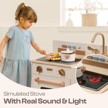 ROBOTIME Play Kitchen for Toddlers, Wooden Kids Play Kitchen Playset with Real Lights & Sounds/Ice Cube Dispenser, Pretend Play