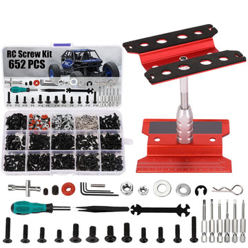 RC Car Stand and 652 PCS RC Screw Kit RC Car Work Stand Repair Workstation RC Hardware Kit Universal RC Car Screw Tools Assortme