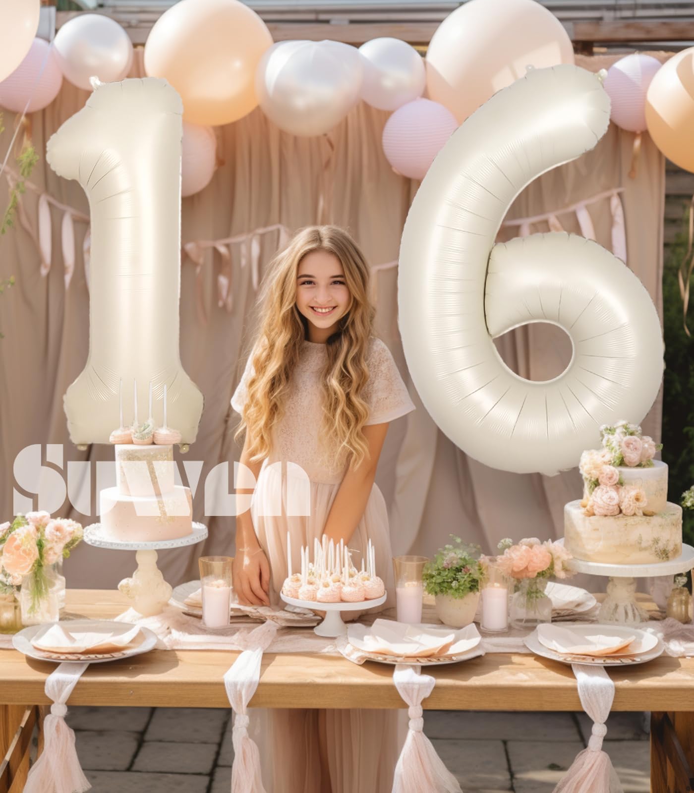 Suwen 40 Inch Cream White Large 16 Number Balloons Big Foil Helium Number Balloons 0-9 Jumbo Happy 16Th Mylar Birthday Party Dec