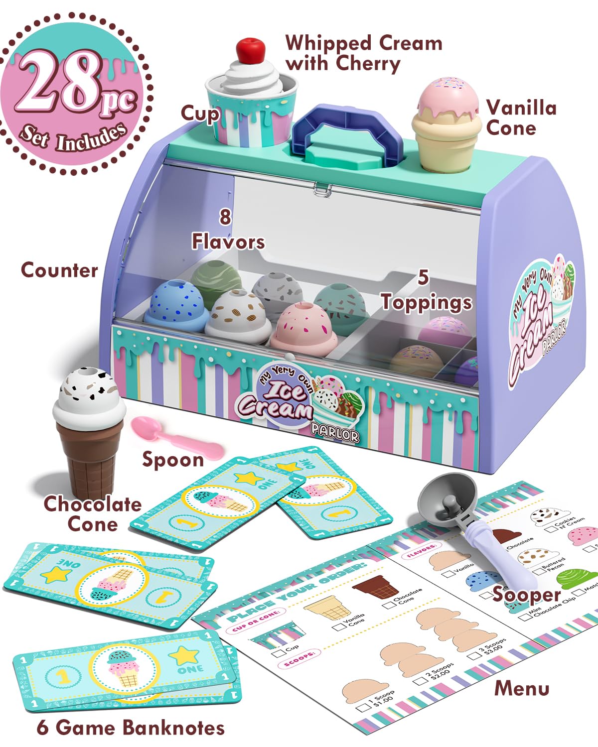 Lehoo Castle Ice Cream Toys for Toddlers 3-5, Toys for 3 4 Year Old Girls, Play Ice Cream Counter Shop Playset for Kids, Gift fo