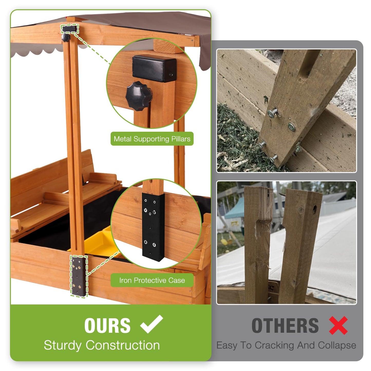 GUTINNEEN Wooden Kids Sandbox with Cover Sandbox with Lid Outdoor Sand Boxes with 3 Toy Bins