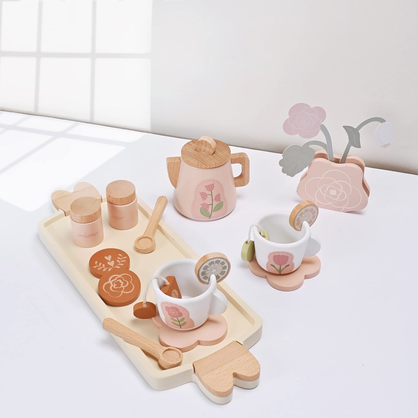 MONT PLEASANT Wooden Tea Set for Little Girls, Wooden Toys, Toddler Tea Set Toy, Play Kitchen Accessories Set, Montessori Toys,