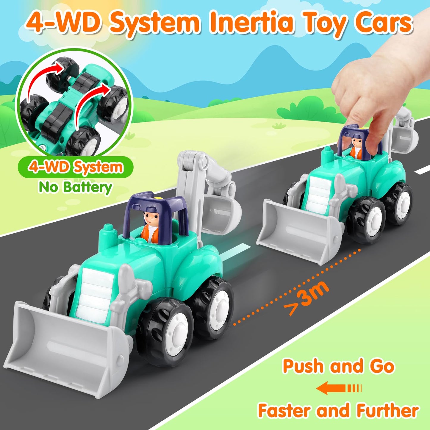 Orwine Toy Cars For 1 Year Old Boy, Inertia Toy Trucks, Early Educational Boy Toys Baby Toys 12-18 Months, Push And Go Cars Gifts For 1 Year Old Boys, Construction Vehicles Toddler Toys 4Pcs