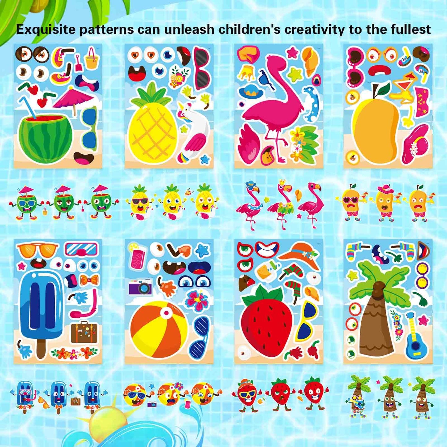 24 Sheets Summer Make A Face Sticker Hawaii Tropical Pool Beach Stickers For Kids, Make Your Own Watermelon Pineapple Flamingo S