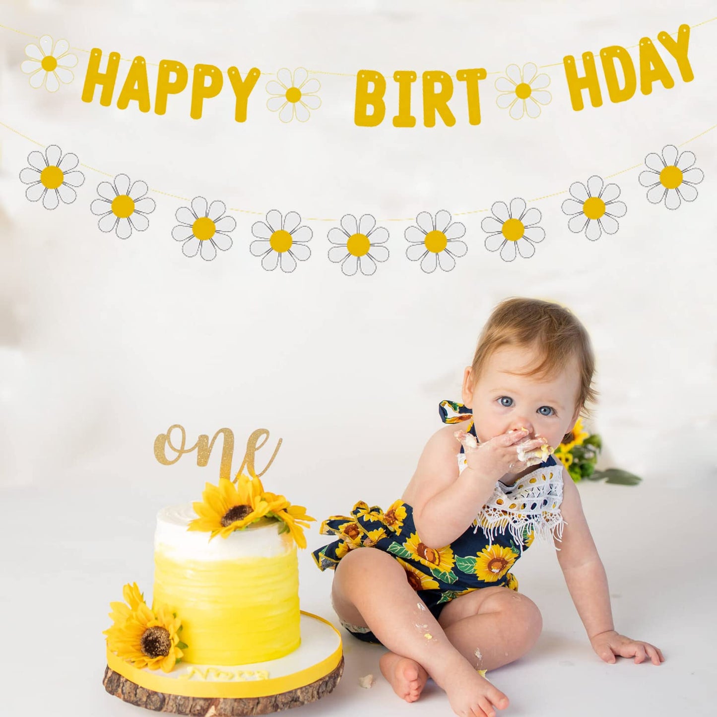 Zwiebeco Yellow Daisy Birthday Party Decoration Supplies - Yellow Little Daisy Happy Birthday Sign Banner Bunting Garland Hangin
