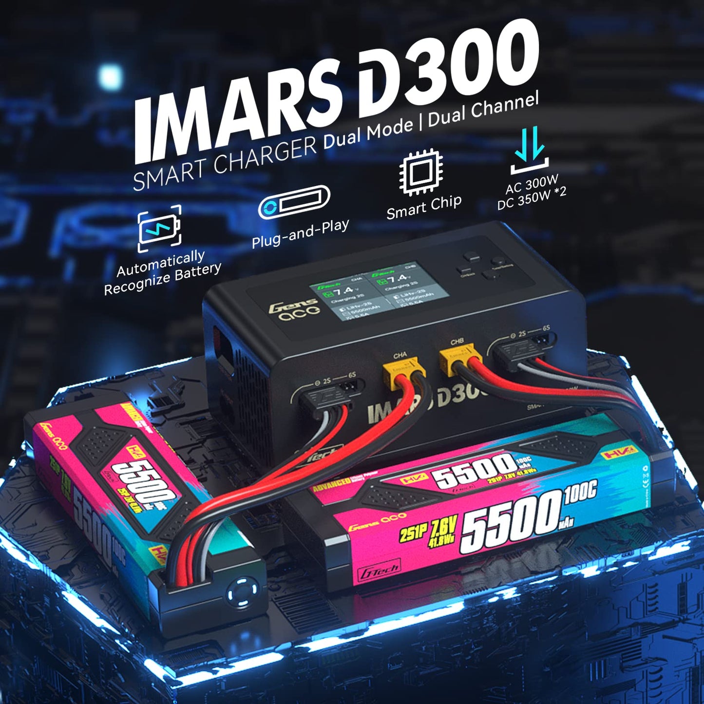 Gens Ace Lipo Battery Charger IMARS D300 G-Tech Series Smart Dual Lipo Charger 16A AC 300W DC 700W Lipo Charger(Black)