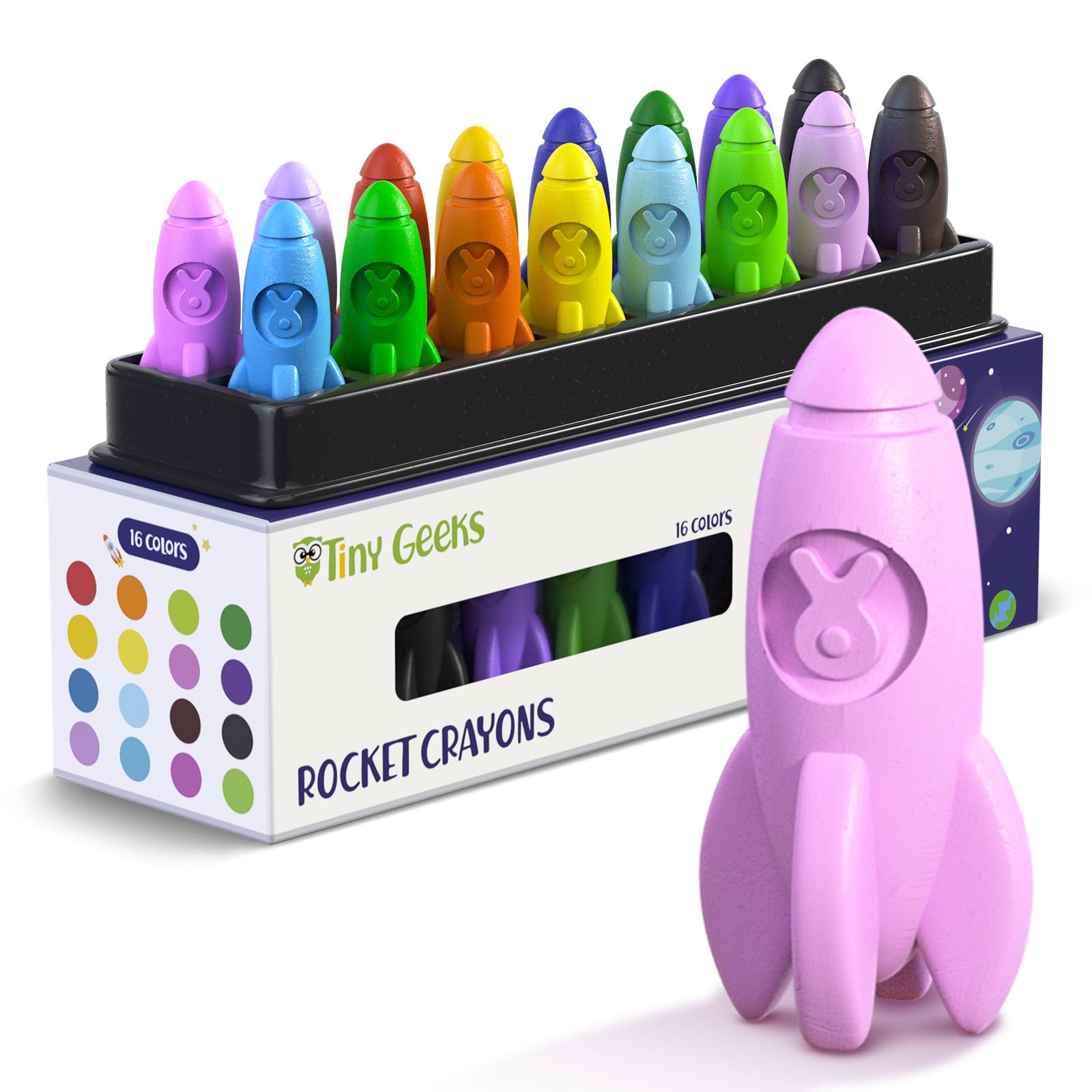 16 Rocket Crayons - Non Toxic, Washable - For Toddlers, Kids Ages 4-8 - Easy To Hold, Babys Crayons For Toddlers 3-10 Years