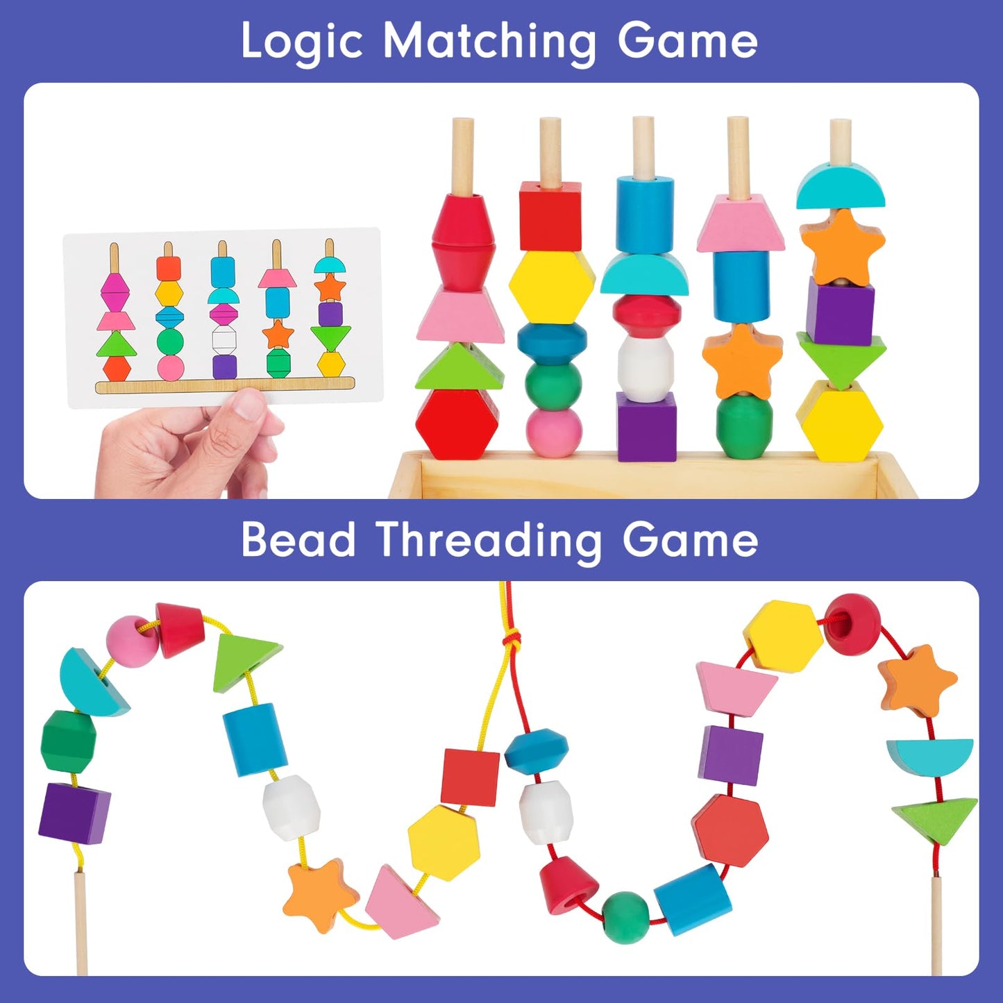 Tooybing Montessori Wooden Lacing Beads Toys For 2 3 4 Year Old Toddler Kids, Sequencing & Stacking Block Toy With Storage Box,
