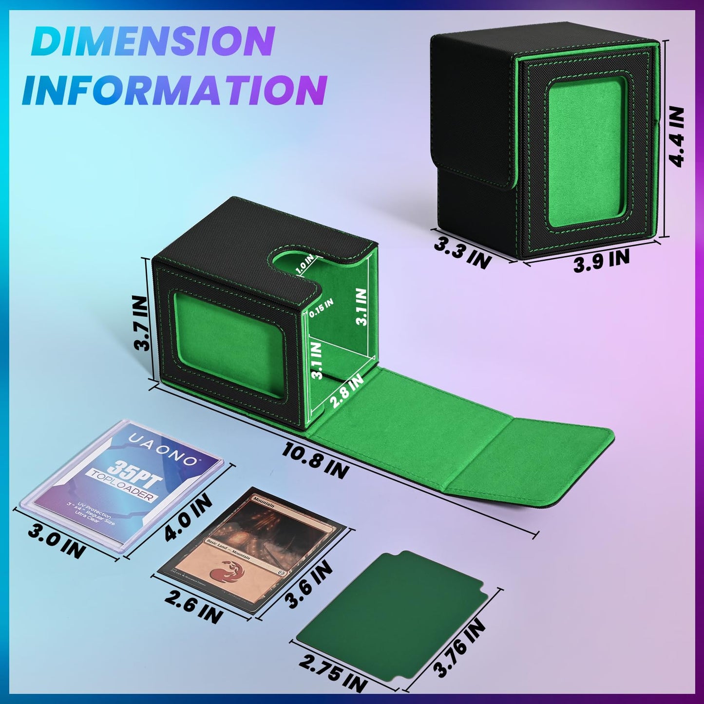Uaono Card Deck Box With Mtg Commander Display, Deck Case Holds 100+ Double-Sleeved Cards, Trading Card Storage Box Fits Tcg/Ptcg/Sports Card With 2 Dividers, 1 Toploader (Black, Dark Green)