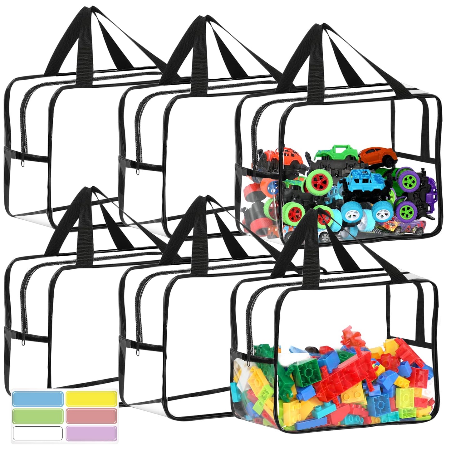 6 Packs Extra Large Toy Storage Bags 12.6  9.25  6.9In With Labels, Reusable Clear Pvc Board Game Storage, Travel Waterproof Org