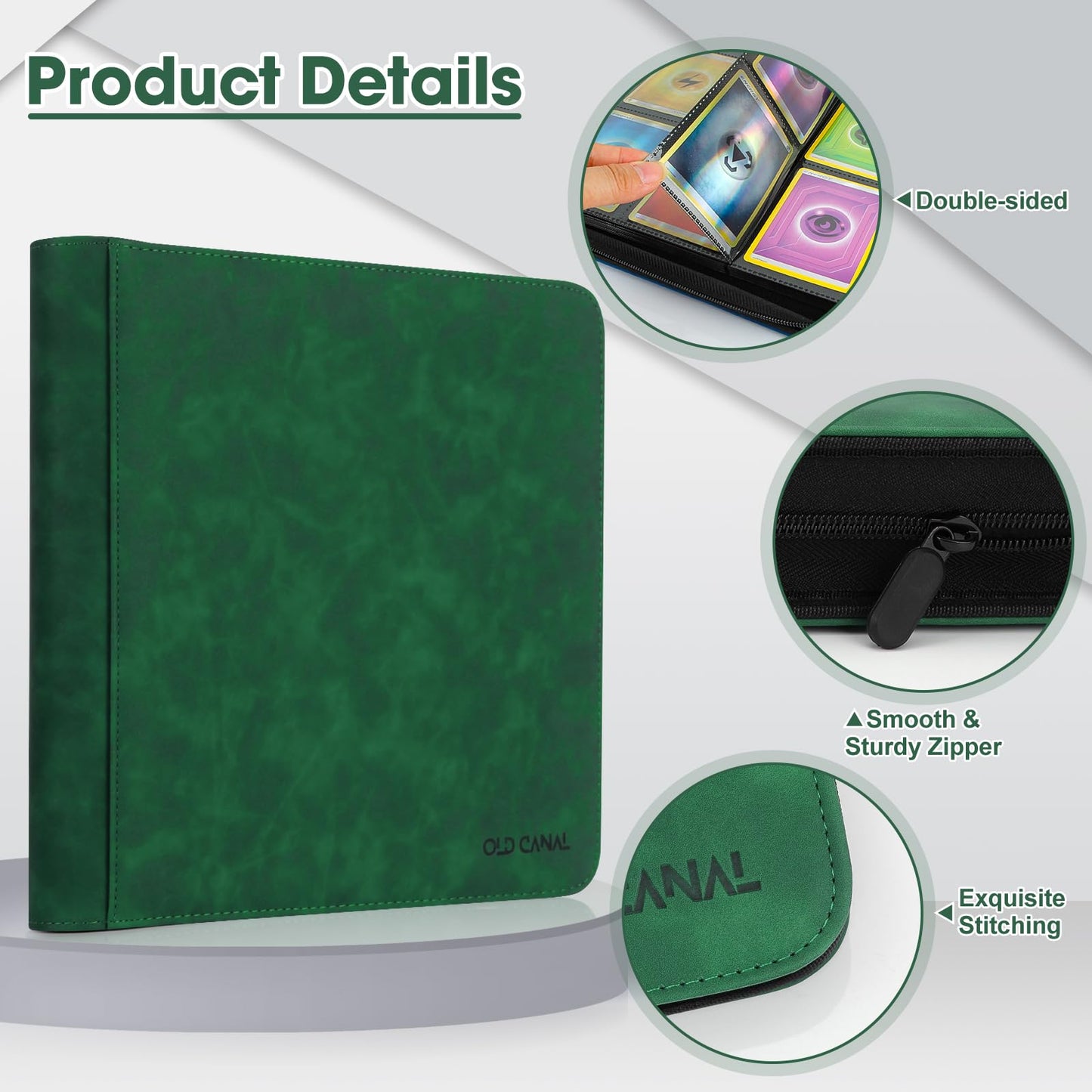 Old Canal Trading Card Binder  12 Pocket Card Album Folder Hold Up to 720 Cards  enhanced and Durable Zipper Binder  Cards Holder Album for MTG  TCG  Baseball Cards  Football Cards (Dark Green)