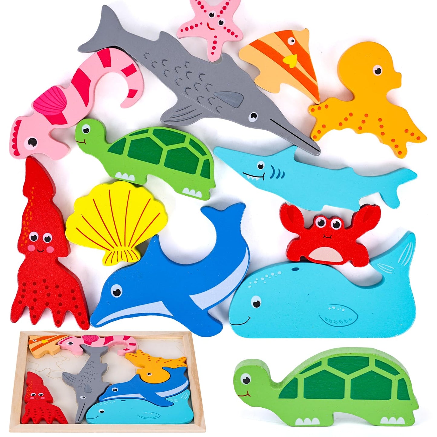 Lovestown Wooden Sea Animal Stacking Puzzles, Chunky Montessori Jigsaw Toys For Kids, Educational Preschool Learning Toys, Toddler Birthday Gifts, 12 Pcs