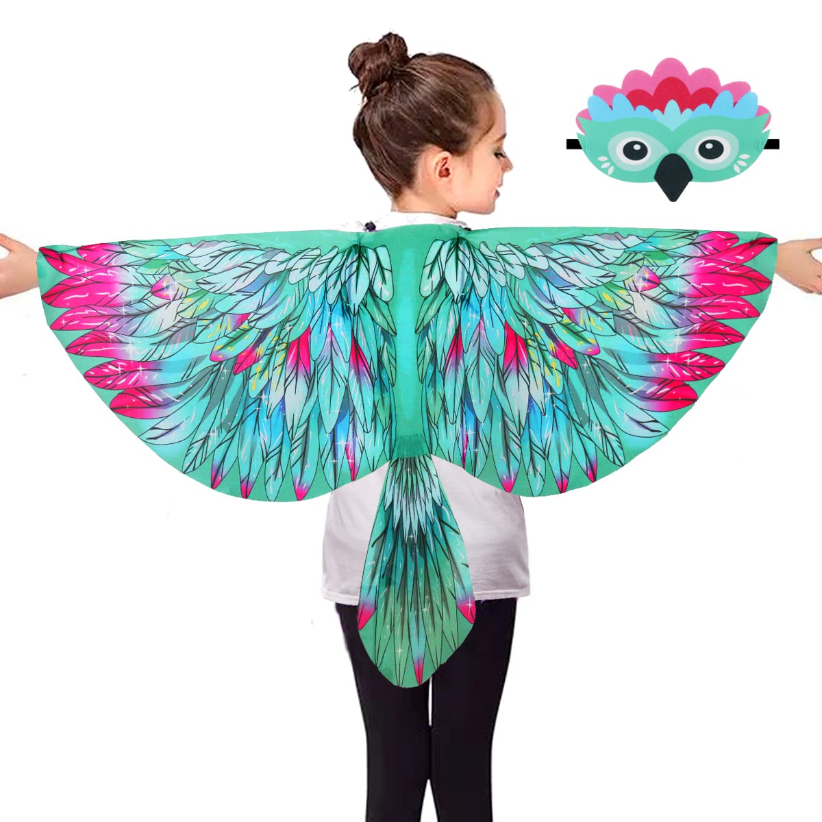 Irolewin Bird-Wings-Costume For Kids And Headband, Eagle-Parrot Dress-Up-Wings For Girls Boys Halloween-Party Favors (Green)
