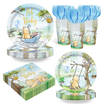 120pcs Winnie Plates Baby Shower Pooh Napkins Classic Bear Baby Shower Decorations Paper Cups Forks Oh Baby Disposable Tableware