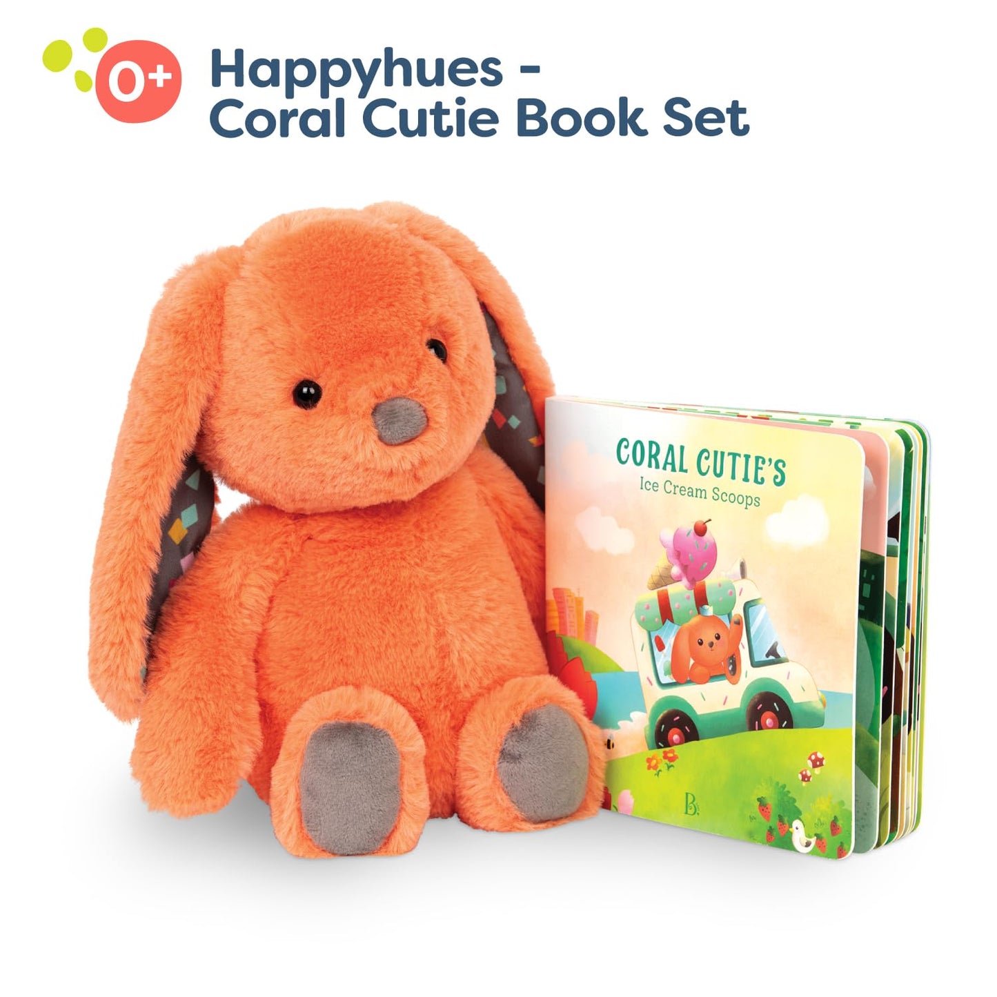 B. toys Plush Bunny Playset with Board Book - 12" Soft Fabric Baby Toy - Coral Cutie